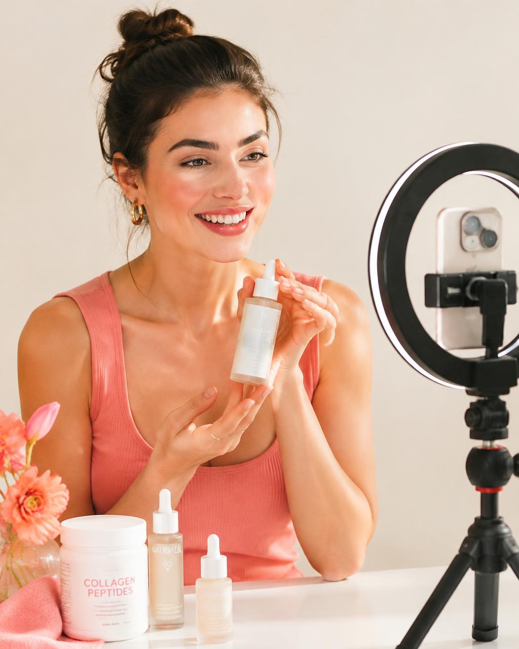 Creator filming a skincare product